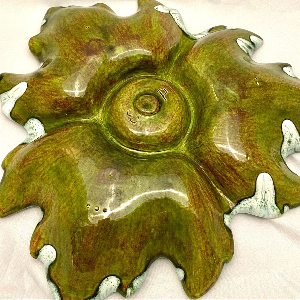 Chip & Dip Platter, Ceramic Leaf Shape, White/Green Drip Glaze MCM Vintage